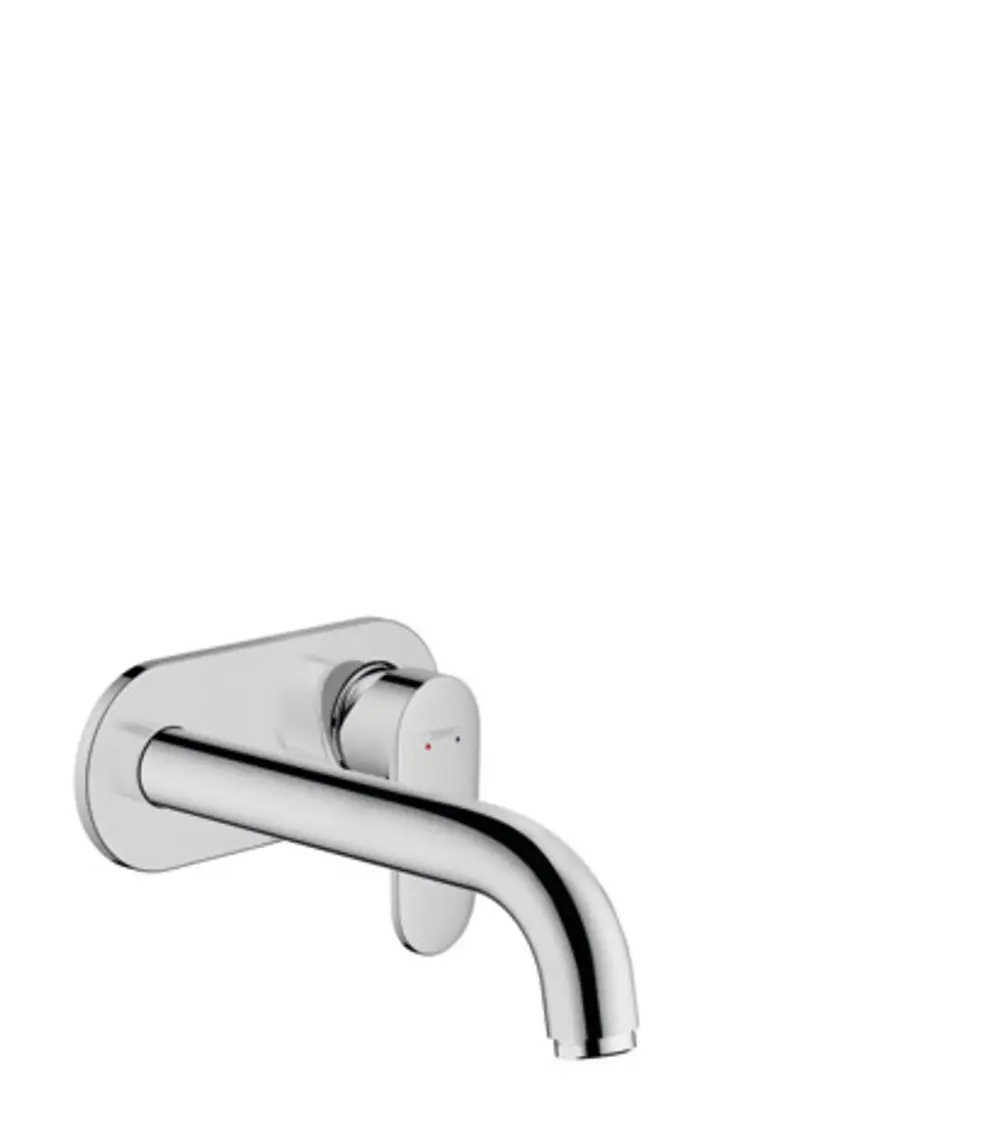 Chromfarbener Einhebel-Waschtischmischer von Hansgrohe für die Wandmontage, mit abgerundetem Auslauf und einem Bedienknopf zur Anpassung der Wassertemperatur.